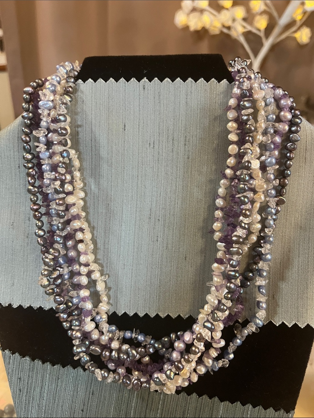 Multi-Strand Pearl and Amethyst Necklace in Lavender, Pearl and Silver Tones